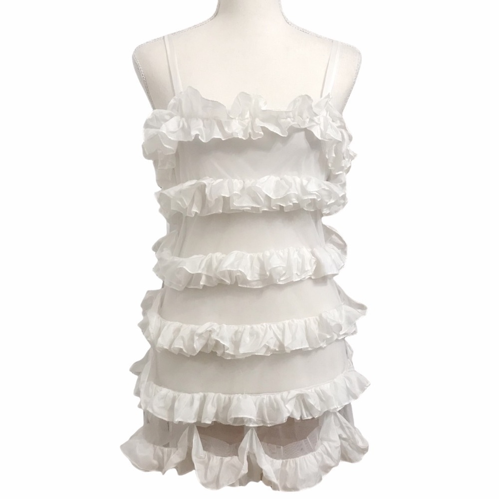 𝅺FLORA NIKROOZ WHITE LAYERED RUFFLE SATIN-LIKE AND MESH STRIPES BABYDOLL